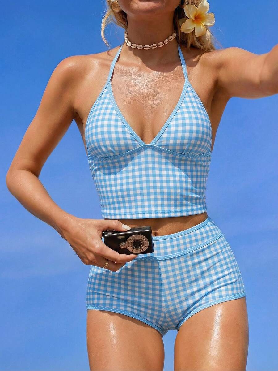 Swim Mod Bộ bikini 2 mảnh dành cho nữ, họa tiết kẻ caro ngẫu nhiên, gồm áo hai dây và quần short, thích hợp cho mùa hè đi biển. - Màu xanh nhạt - Xem 1