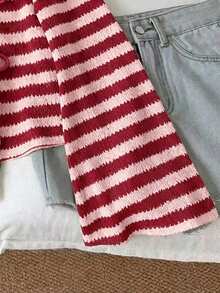 SHEIN LUNE 条纹棉质针织休闲女式系带喇叭袖上衣，粉色和红色撞色条纹 - 紅色 - 查看 5