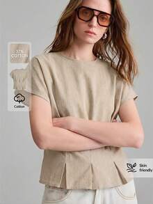 Ontre 女款優雅卡其色夏季日常上衣，寬鬆版型圓領落肩短袖前褶皺梭織面料，現代休閒通勤辦公穿搭 - 杏色 - 查看 4