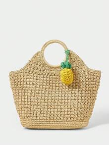 SHECARRY 1 Piece Fashionable Summer Seaside Vacation Straw Hand Crochet Pineapple Styling Bag Pendant, Suitable For Straw Bags, Vacation, Summer, Beach, Seaside - Yellow - View 6