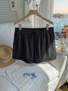 Comfortcana Quần short thể thao dệt màu đen dành cho nữ cỡ lớn, cạp chun, thích hợp cho mùa hè. - màu đen - Xem 3