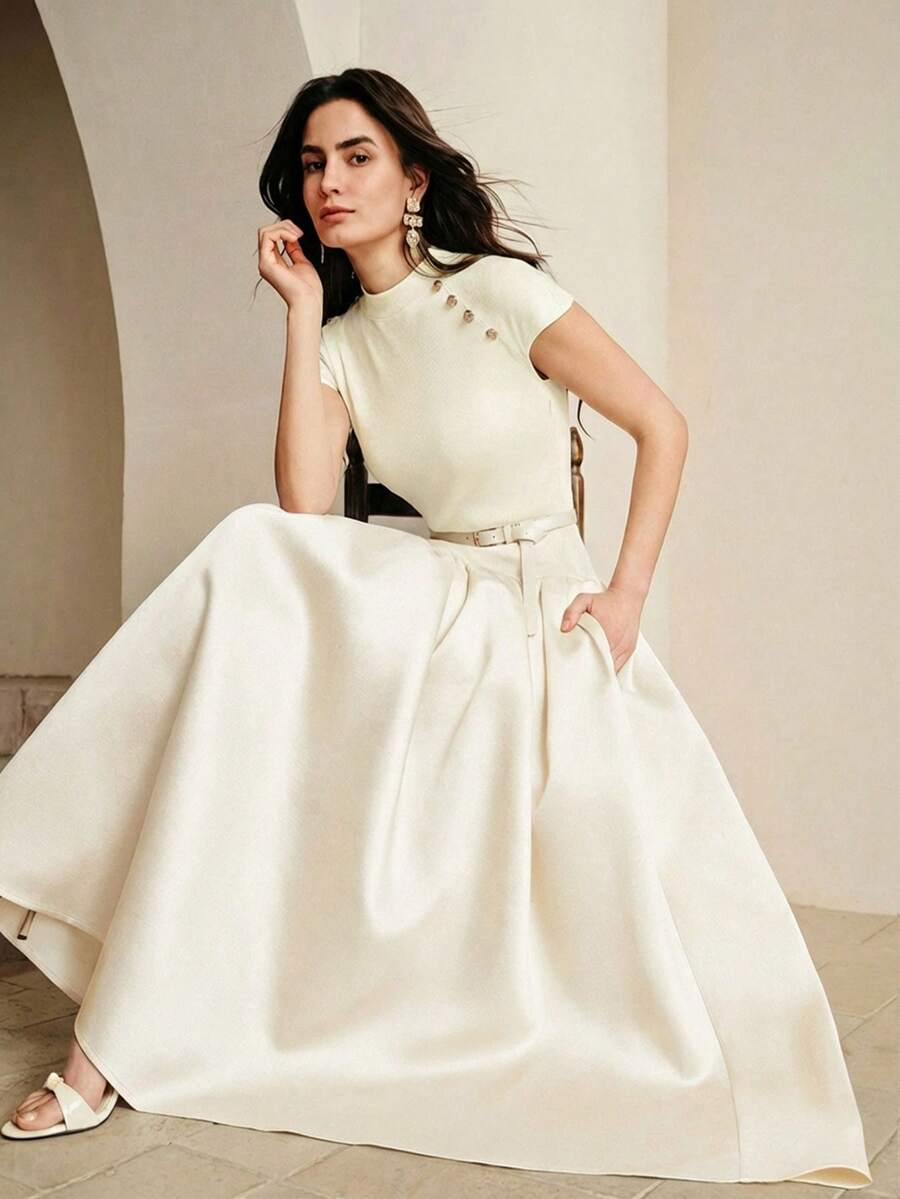 Anewsta New Elegant Round Neck Cap Sleeve Knit Patchwork A-Line Dress With Waist Belt For Women - Apricot - View 1