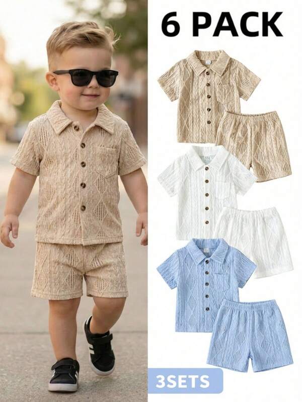 SHEIN Vintaside Kids 6 pièces/set Chemise à col simple et confortable et short pour bébé garçon, multicolore, adapté pour l'été