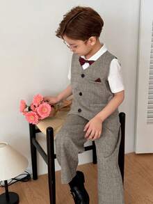 DAZY Young Boy English Style Gentleman Suit Vest, Short Sleeve Shirt And Pants Formal Outfit - Grey - View 5