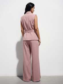 Aveloria Modichic Bộ đồ 2 món dành cho nữ: Áo blazer không tay chất liệu giả vải lanh và quần ống đứng. - Hồng - Xem 2