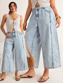 Freevana Women's Plus Size Light Blue Denim Culottes,High Waist Elastic Wide Leg Jeans,Vertical Seam Soft Breathable Cropped Pants,Summer Boho Everyday Style - Blue - View 9