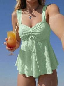 Bellisia 26SS Spring/Summer Vacation Beach Cute Yellow Jacquard Embroidered Camisole & Bikini Set - Mint Green - View 4