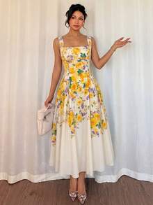 Modelyn 女士杏色梭织图案数码印花系带A字中长连衣裙，优雅浪漫，春夏款 - 杏色 - 查看 6