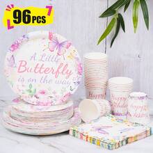 Little Butterfly Happy Birthday Disposable Plates, Napkins And Paper Cups Party Set, Serves 24 Guests. This Disposable Paper Plate Party Tableware Is Suitable For Birthdays, Weddings, Themed Parties And Family Picnics. - View 1
