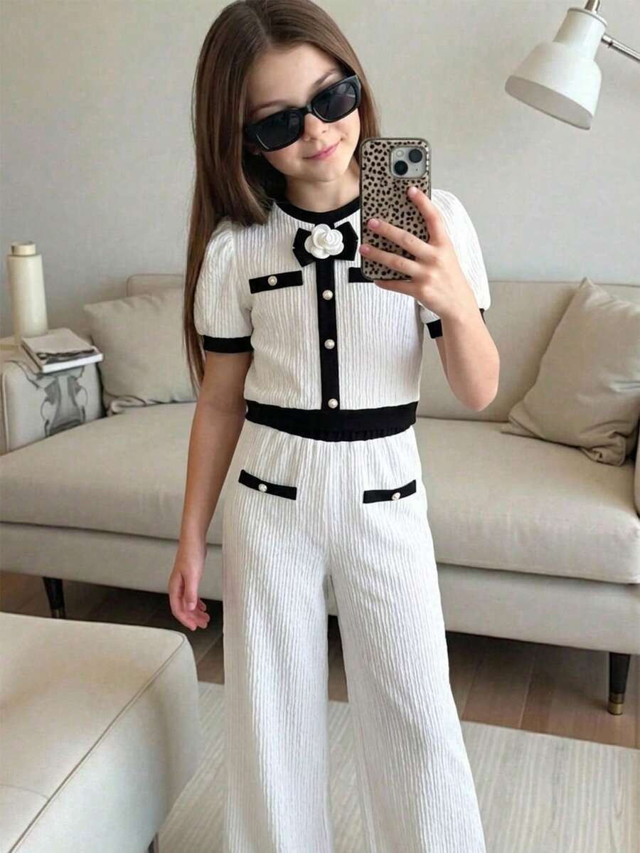 SHEIN 2pcs/Set Tween Girls Knitted Pearl Button Black And White Contrast Color Set,Elegant Summer Tea Party Outfit For Birthday,Dining,Holiday,Leisure