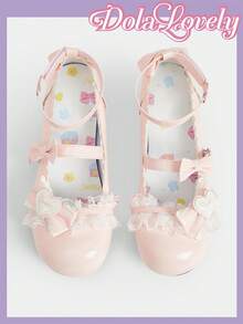 Dola Lovely Giày nữ màu hồng dễ thương, mũi tròn, kiểu Mary Jane, cao gót, buộc dây và trang trí nơ, thích hợp cho tiệc sinh nhật, phong cách JK, Lolita. - nơ bướm lớn màu hồng - Xem 4