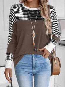 Rosumi Plus Size Women's Casual Crew Neck Striped Batwing Sleeve T-Shirt, Spring/Fall,Fall Clothes For Women - Brown - View 7