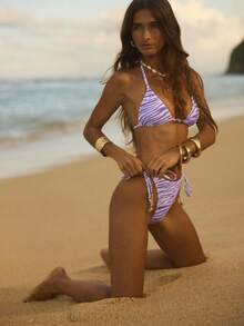 Aralina Summer Vacation Beach Resort Zebra Print Two Pieces Tie Side Bikini Set With Swim Bag - Purple - View 5