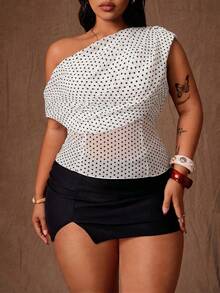 Rustia Blus Ruffle Bahu Asimetris Motif Polkadot Elegan Ukuran Plus, Musim Semi/Panas - Hitam dan Putih - View 7
