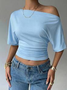 Aloruh Camiseta casual y versátil de uso diario para mujer, de unicolor, con hombro asimétrico y fruncido - Celeste - Ver 8