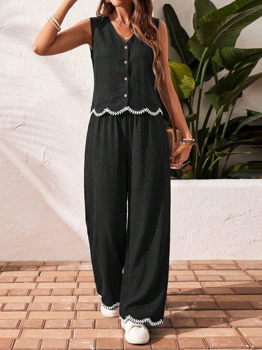 SHEIN Frenchy Women's Plant Embroidery Single-Breasted Vest And Pants Casual Boho 2 Pieces Set,Holiday Outfits Women,Women's Summer Casual Black And White Striped V-Neck Button Front Sleeveless Top Wide Leg Pants Two Piece Set With Lace Trim Casual Outfit,Casual Sets For Women,Oing Out Outfits,Beach Holiday Vacation Outfitsummer Outfits For Women - Black - View 1