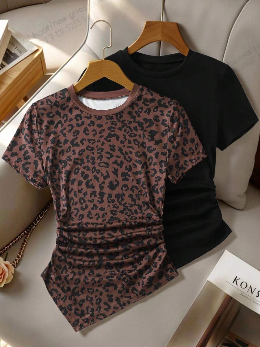 SHEIN Teen Girl Black Summer Party T-Shirt,Asymmetric Neck Multi-Color Design Ruched Waist Metal Buckle Irregular Short Sleeve Top For Daily Campus Wear - Multicolor - View 1