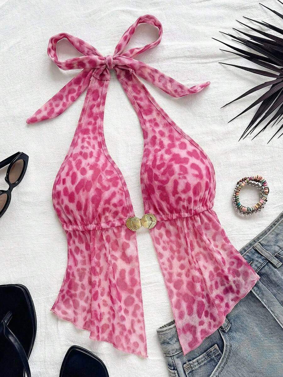 Soleia Camiseta sin espalda con cuello halter y estampado de leopardo, sexy para vacaciones - Rosa - Ver 1