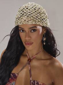 MUSERA Mũ len móc đính kim sa vàng lấp lánh, thích hợp cho mùa xuân hè, kỳ nghỉ biển, du lịch, lễ hội, tiệc miền Tây. - Màu be - Xem 1