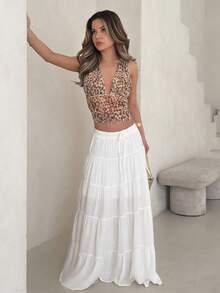 Jemour Damen neuer beiger langer Maxi-Rock für Frühling/Sommer, Leinenstoff, eleganter, legerer plissierter A-Linien Glockenrock im Boho-Stil für den Urlaub - Weiss - Übersicht 4