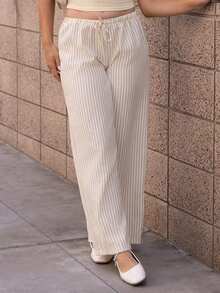 Andrea Bello 1 Quần dài thường ngày sọc vàng cho nữ, vải nhăn bong bóng, cạp siêu thấp có dây rút, quần ống đứng dáng rộng thoải mái, thường ngày và lãng mạn - Màu vàng - Xem 3