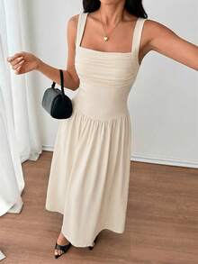 SHEIN PETITE Đầm nữ màu nâu cà phê trơn thanh lịch, cổ vuông, dáng xòe, thích hợp cho mùa xuân/hè. - Màu be - Xem 4