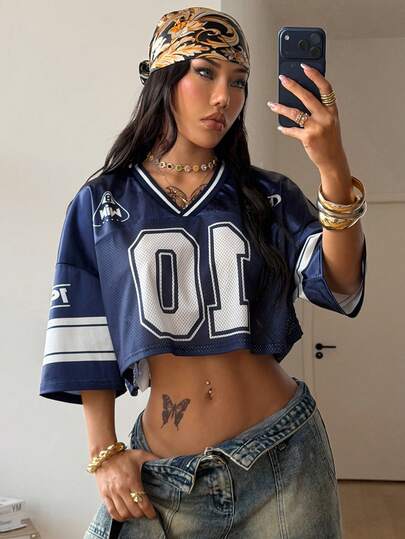 Coolane Women's Summer Streetwear Sport Crop Jersey Number Graphics Loose Breathable Mesh T-Shirt