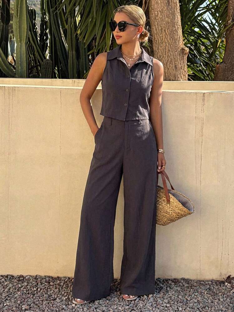 Women's Solid Color Sleeveless Minimalist Design Summer Shirt And Pants 2 Pieces Set
