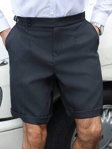 Manfinity Bizformal 男士夏季休闲商务成熟日常通勤简约百搭纯色深灰色前缝短裤 - 深灰色 - 查看 5