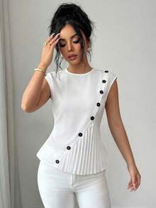 Elenzga Áo sơ mi không tay thanh lịch có bèo nhún, cài nút, kiểu dáng sang trọng, thích hợp mặc thường ngày, công sở, mùa xuân/hè. - trắng - Xem 5