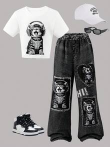 Sparklyn Bộ 2 món cho bé gái tuổi teen, phong cách đường phố năng động, họa tiết ngôi sao đính kèm, áo thun dệt kim ôm dáng lửng và quần cargo ống rộng in họa tiết giả denim. - Nhiều màu - Xem 3