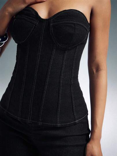 Denimoi Áo corset denim không tay, thắt eo, buộc dây phía sau, kiểu dáng gợi cảm, thời trang.