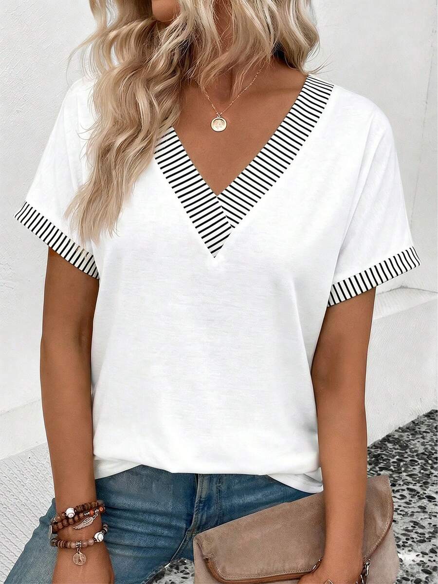 EMERY ROSE 新款时尚女式印花撞色条纹V领短袖T恤 - 彩色 - 查看 1