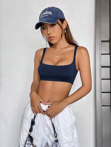 SHEIN EZwear 2026夏季海军蓝紧身纯色露脐吊带背心 - 寶藍色 - 查看 7