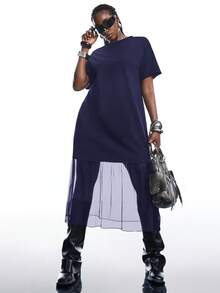 SHEIN EZwear 大码女式休闲纯色网纱连衣裙，春夏款 - 藏蓝色 - 查看 3