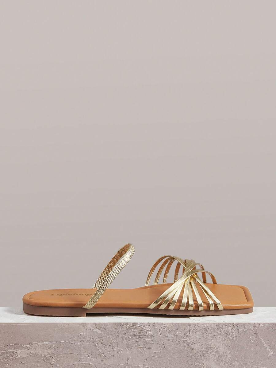 Styleloop Women Shoes Classic Simple Fashion Women's Square Toe Minimalist Strap Combination Flat Sandals Vacation Style Commuter Outdoor Summer Vacation Shoes Summer Shoes - Gold - View 1