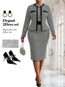 Fleurora Setelan 2 Potong Elegan 2 Potong Motif Houndstooth Ukuran Plus, Gaun Cokelat, Gaun Musim Dingin - Hitam dan Putih - View 1