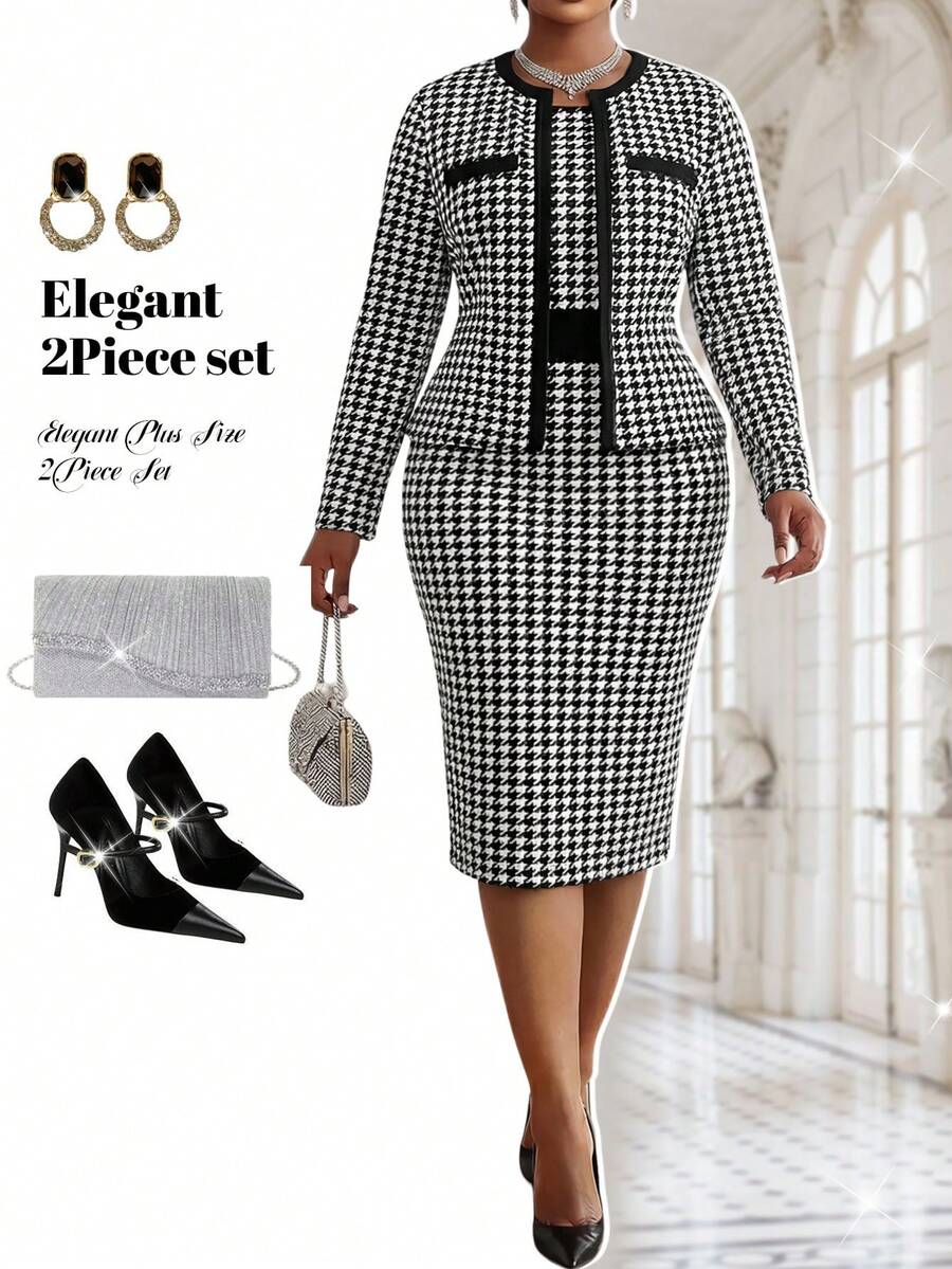 Fleurora Setelan 2 Potong Elegan 2 Potong Motif Houndstooth Ukuran Plus, Gaun Cokelat, Gaun Musim Dingin - Hitam dan Putih - View 1