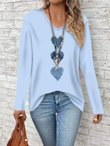 EMERY ROSE Maglietta larga a maniche lunghe con scollo a V per donne taglie forti - celeste - Visualizzare 4
