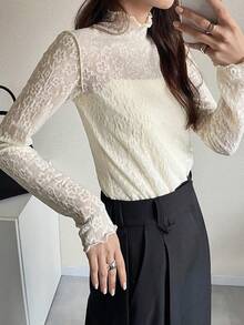 FRIFUL 女士网纱高领透视上衣，秋季叠穿单品 - 米色 - 查看 4