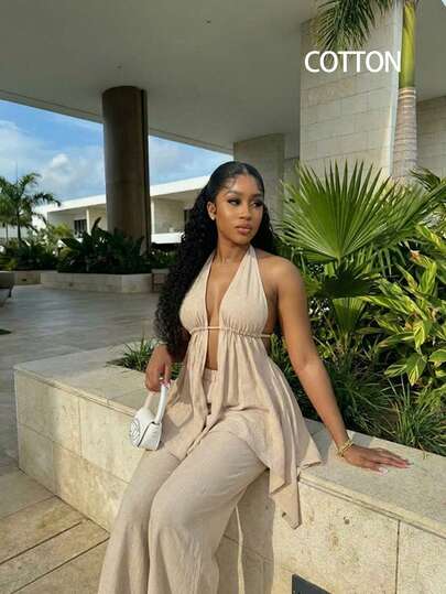 BamGleam 100% Cotton Bohemian Vacation Style V-Neck Halter Tie Shoulder Backless Ruched Asymmetric Hem Flowy Top Paired With Elastic Waist Wide Leg Loose Draping Casual Outfit For Beach, Date, Daily Wear