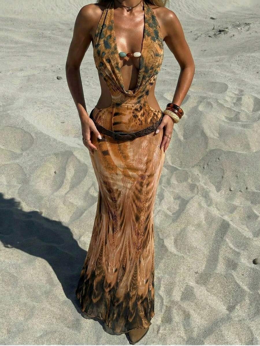 Aloruh 优雅性感露背串珠链条吊带紧身连衣裙，适合派对和度假；显瘦高腰动物纹Y2K连衣裙；性感露背度假连衣裙；音乐节连衣裙 - 棕色 - 查看 1
