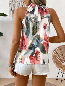 Breezaya Conjunto de ropa casual de vacaciones - Casual moderno - Estampado aleatorio Blusa de mujer con cuello halter, lazo en la espalda y hojas - Conjuntos de ropa de vacaciones casuales para mujer - Atuendos casuales de mujer - Atuendos de primavera para mujer - Atuendos de verano para mujer - Blusas de mujer para el verano - Multicolor - Ver 2