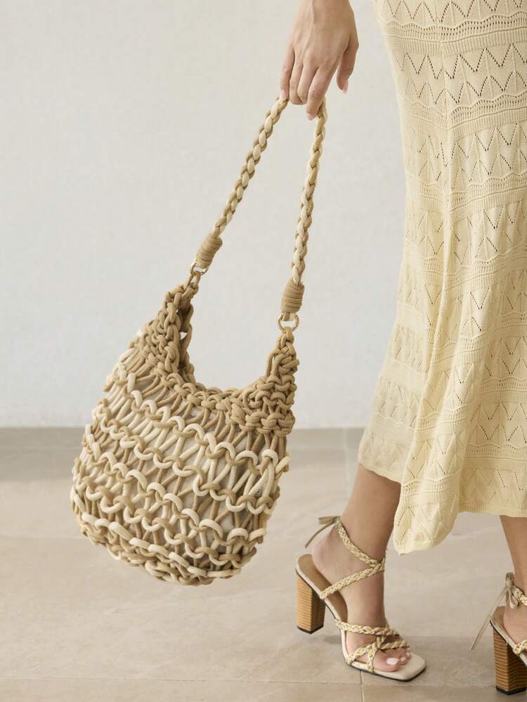WOMEN'S TOTE BAG, FASHIONABLE TWO-COLOR WOVEN HOLLOW SHOULDER BAG.