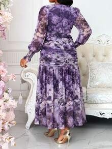 SHEIN Lady Plus Size Elegant Floral Print Ruffle Dress,Purple Autumn Wedding Guest Dress For Women,Classy Party Graduation Ceremony Spring Casual Summer Dresses - Purple - View 3