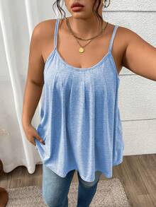 SHEIN LUNE Plus Size Women Knitted Loose Lightweight Pleated Sexy Gray Camisole Top For Summer - Blue - View 1