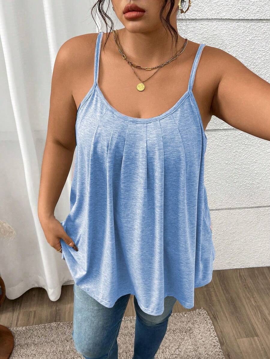 SHEIN LUNE Plus Size Women Knitted Loose Lightweight Pleated Sexy Gray Camisole Top For Summer - Blue - View 1