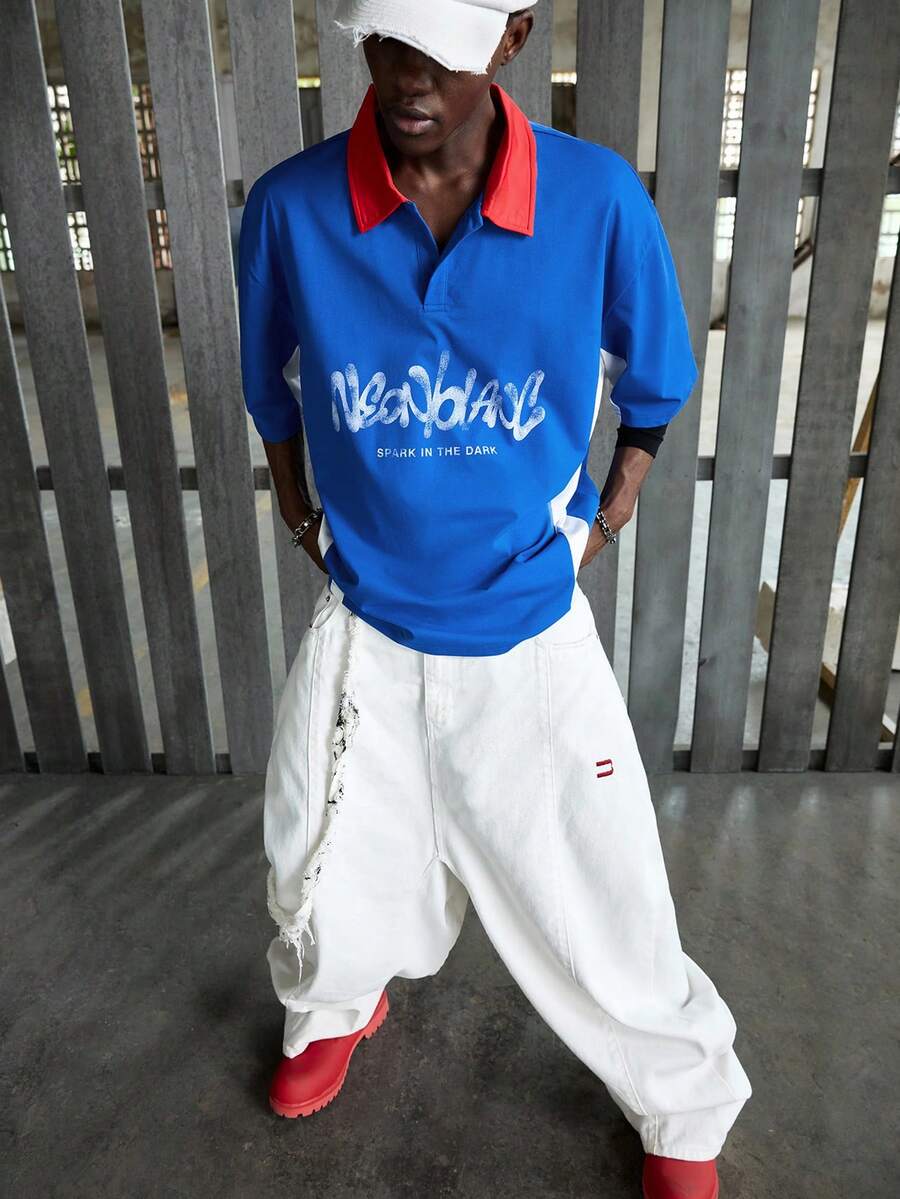 NEON BLANC Men's Letter Print Patchwork Short Sleeve Casual T-Shirt - Blue - View 1