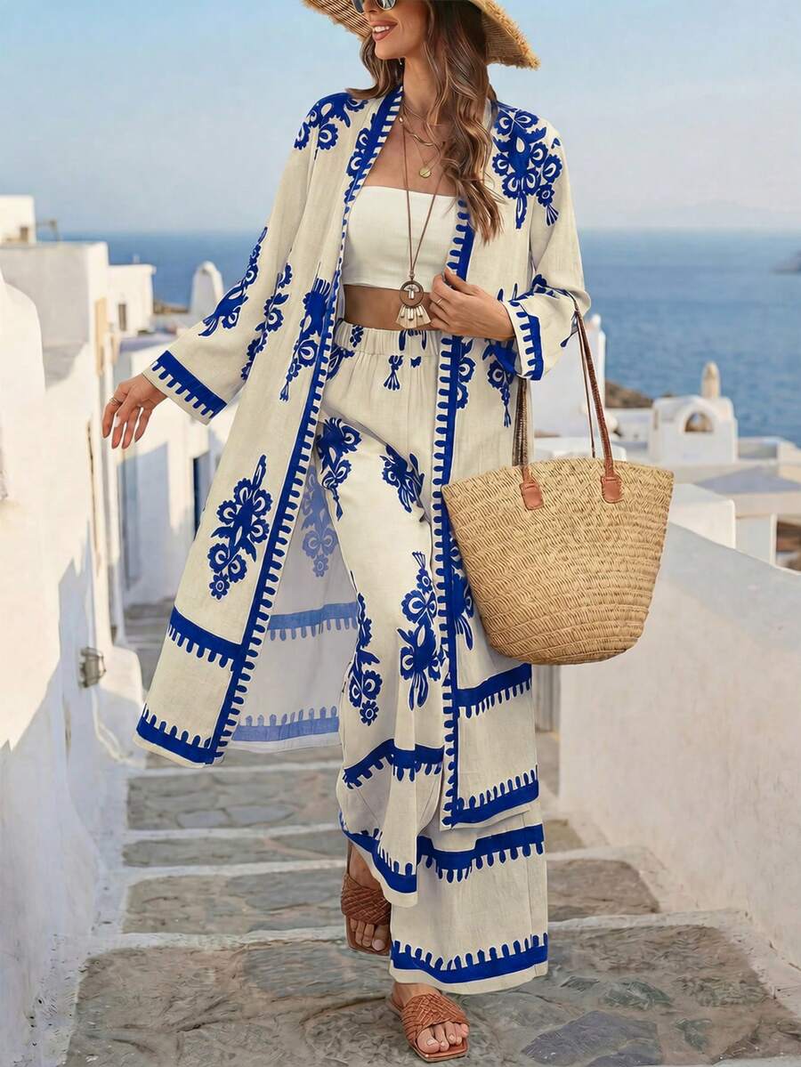 Breezaya Autumn Vintage Patterned Women 2 Pieces Set - Blue - View 1