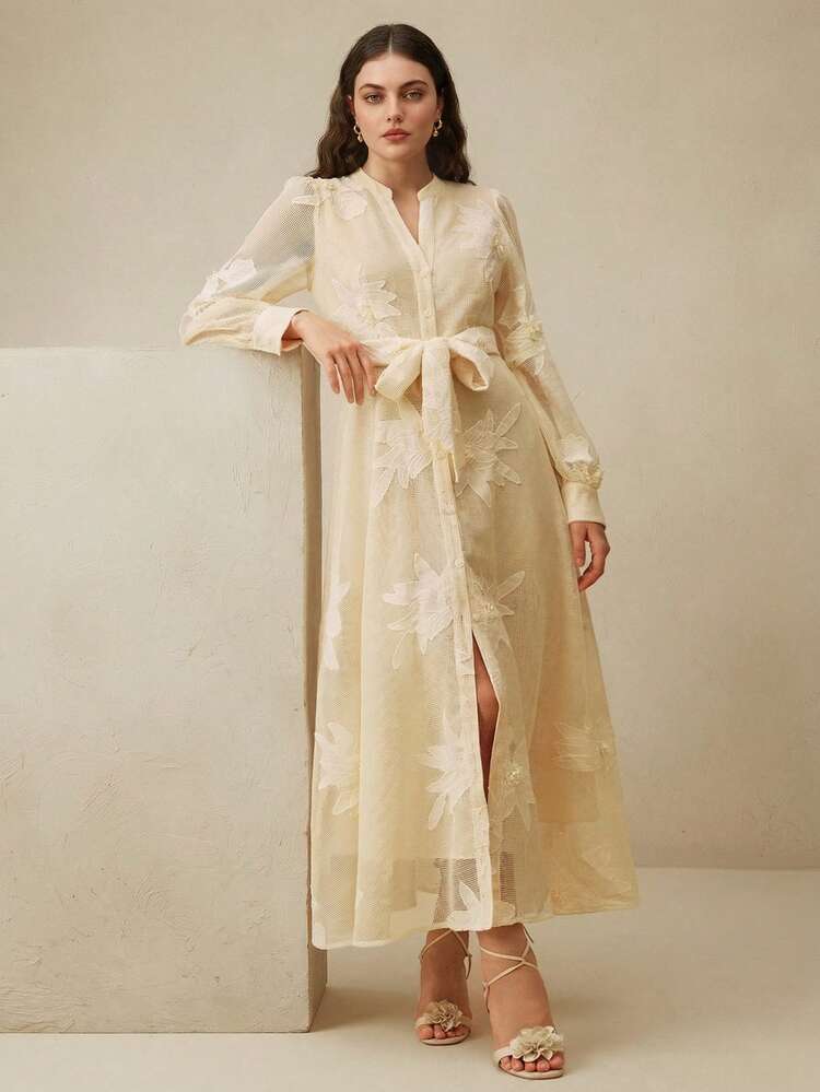 Elegant Floral Embroidery Sheer Petal Sleeve Tie Waist Plus Size Dress For Women